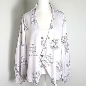 White Cardigan Longsleeve Blouse with Script Lettering, Button Accents, Size XL